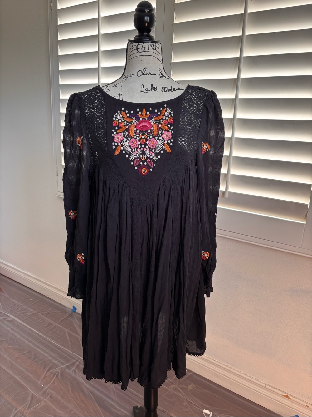 Free People Black Long-Sleeve Embroidered Boho Dress